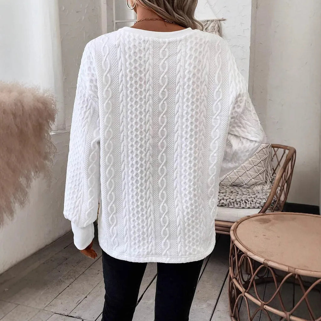 Milky white loose fit long sleeve t-shirt with a 3D pattern, showcasing Japanese Korean casual style.