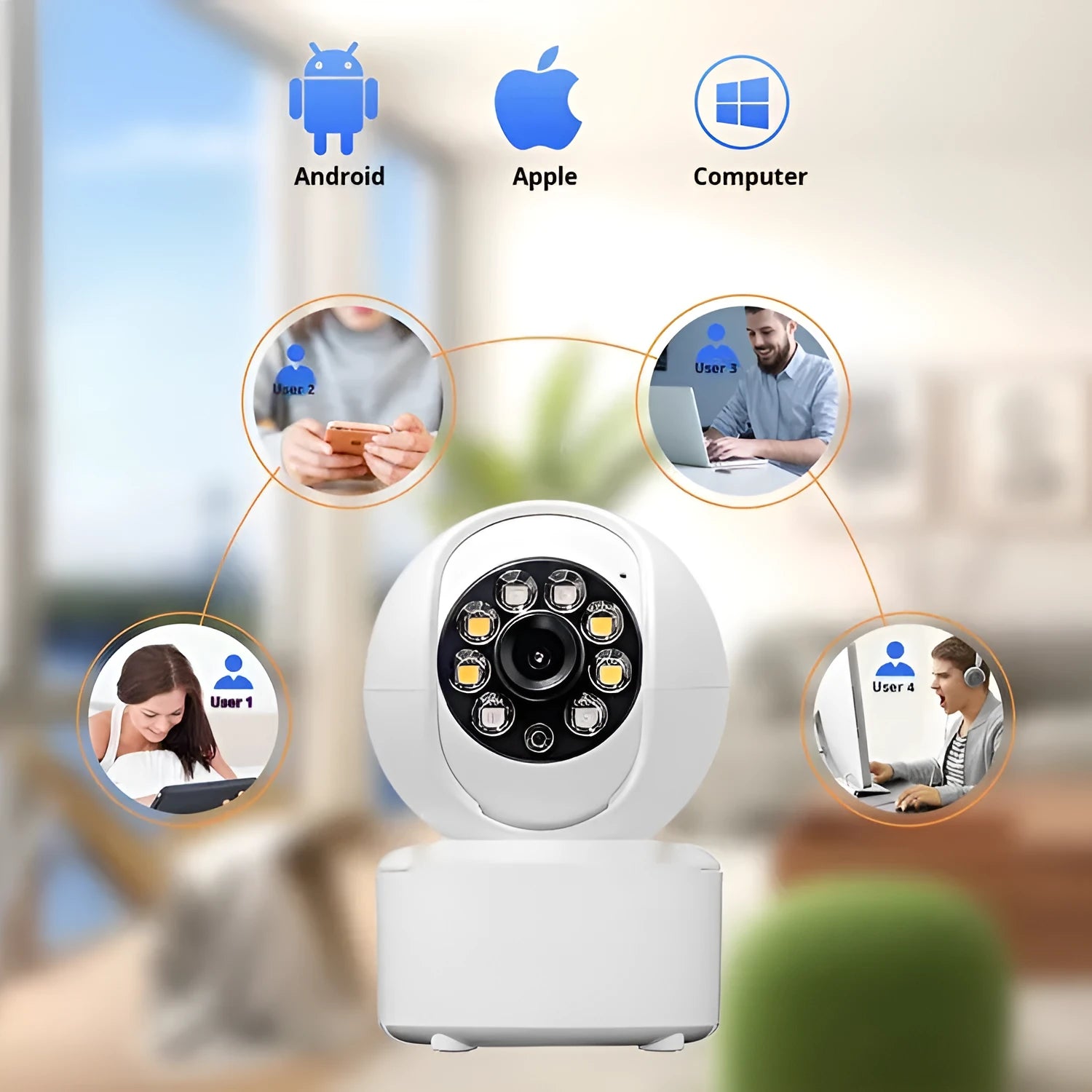 White ceiling-mounted 1080p HD home security camera with infrared LEDs for night vision