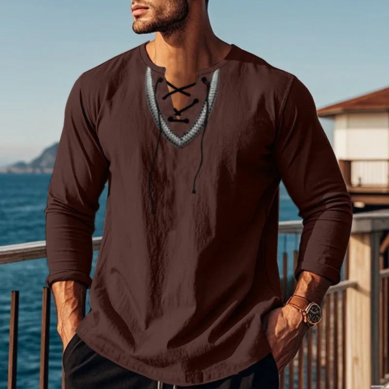Men's cotton blend pullover shirt in retro ethnic colour block, navy blue colour, loose fit, long sleeves