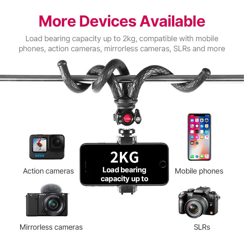 Black octopus flexible tripod with mobile phone clip extended to 360mm