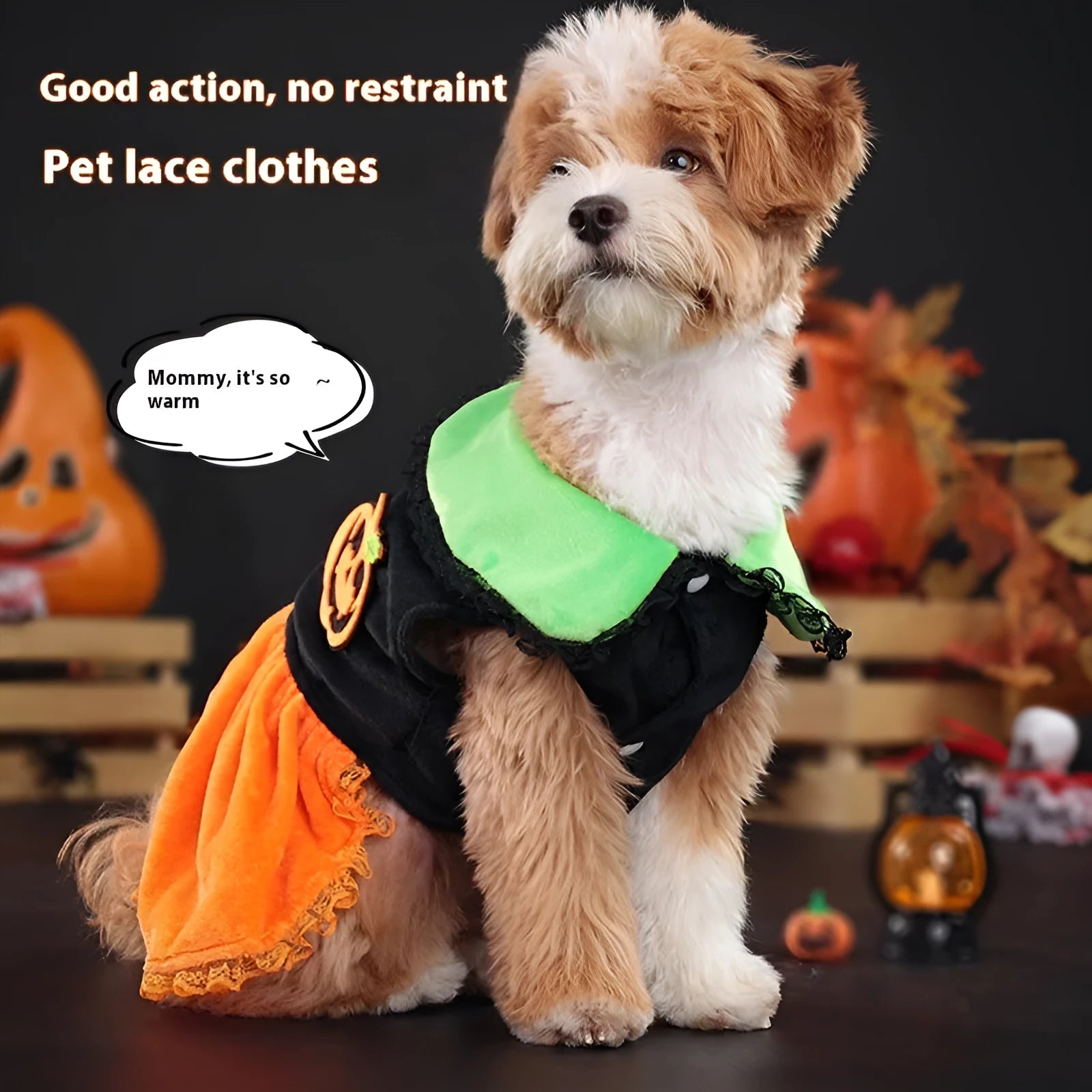 Halloween pumpkin costume for small dog, crystal velvet skirt and sweater options shown.