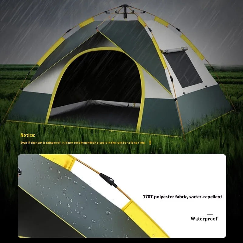 Dark green silver glue automatic quick-open camping tent for 3-4 people, set up outdoors.
