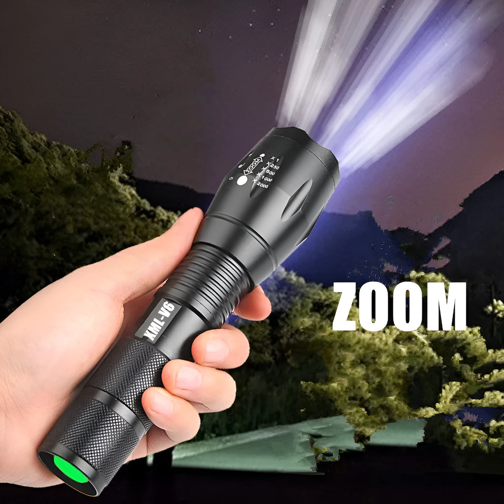 Black aluminium alloy LED zoom flashlight with adjustable focus head on a dark background.