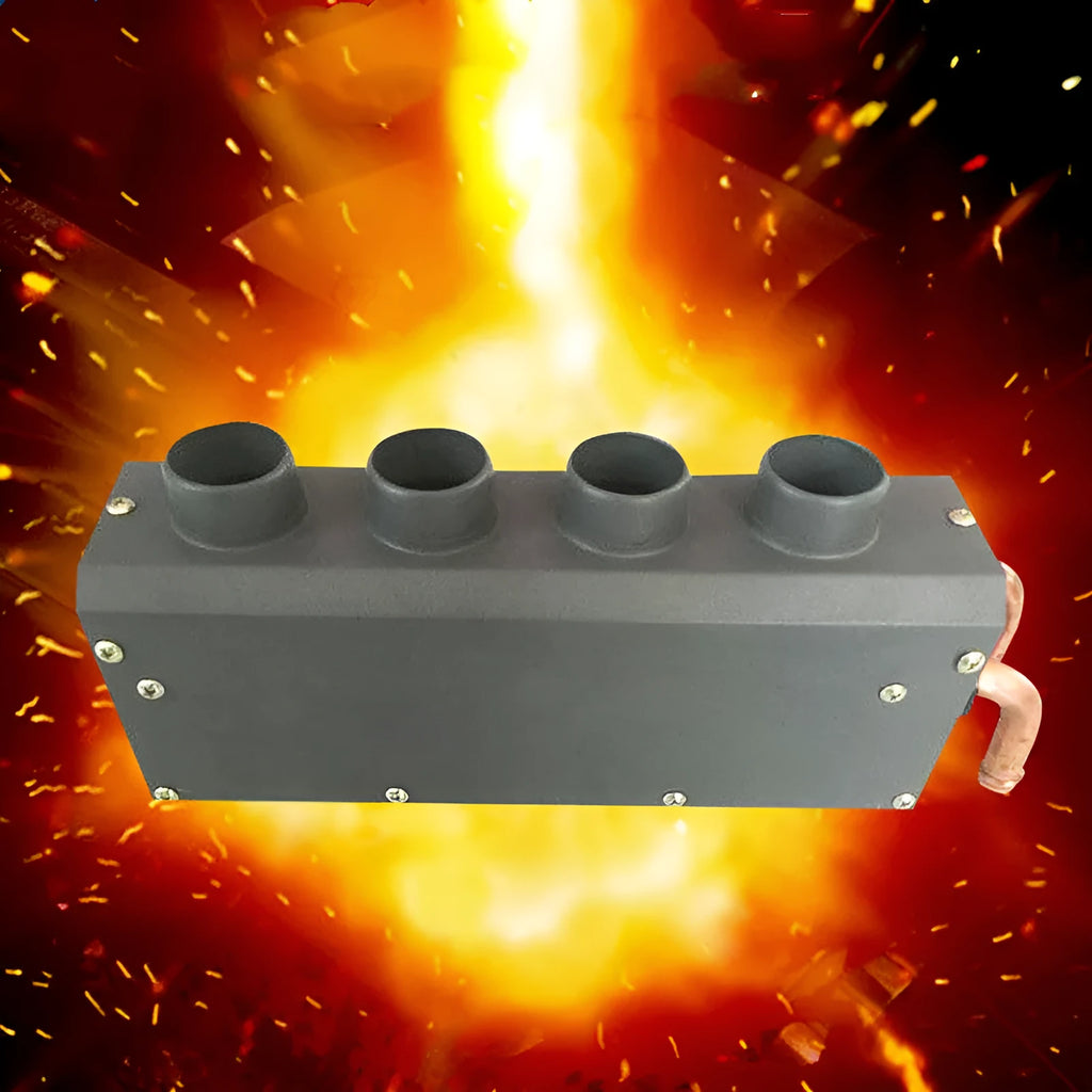 Metal auxiliary car heater with four-hole copper pipe connections for 12V and 24V vehicle installation.
