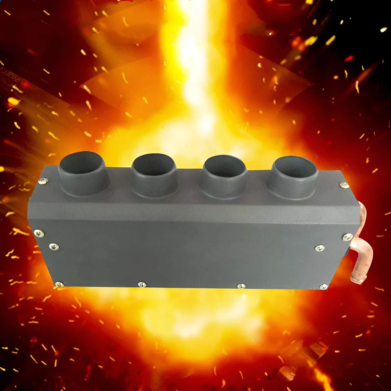 Metal auxiliary car heater with four-hole copper pipe connections for 12V and 24V vehicle installation.