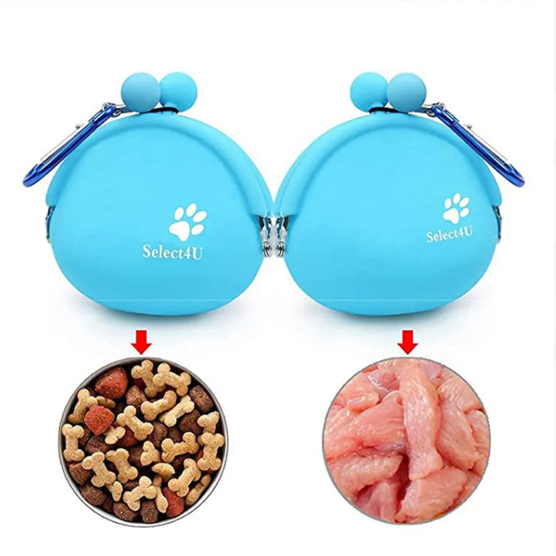 Yellow silicone dog treat waist bag with hook and loop closure, shown next to dog treats.