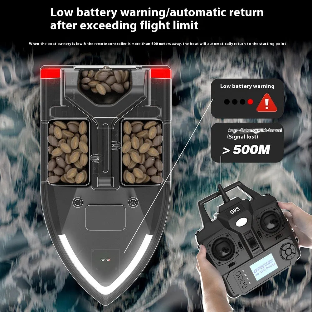 Black remote control GPS fishing boat with antenna and bait container on 49cm hull
