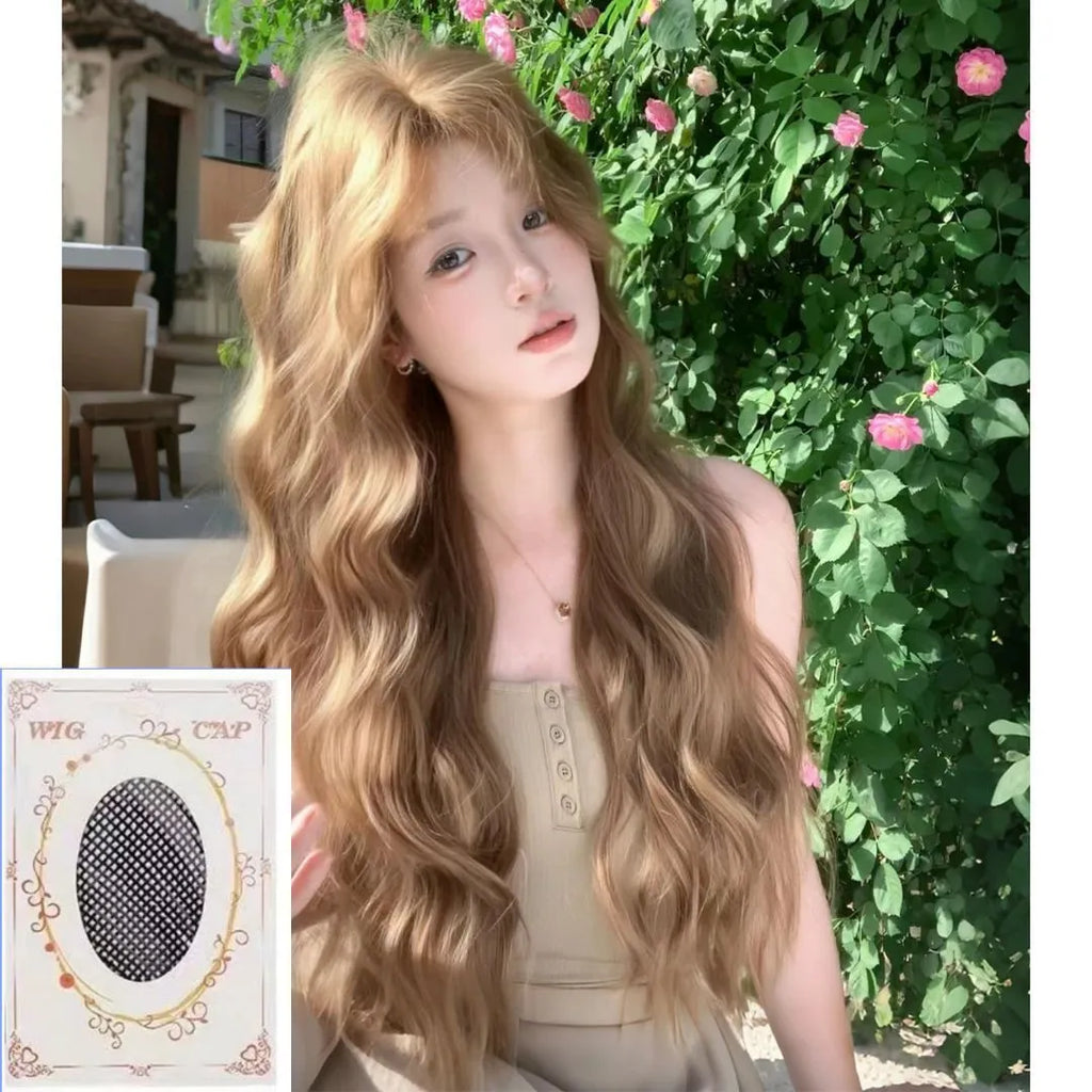 Medium-sized synthetic wig with long curly hair in a linen brown colour, shown with an attached hair net.