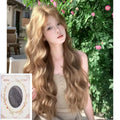 Medium-sized synthetic wig with long curly hair in a linen brown colour, shown with an attached hair net.