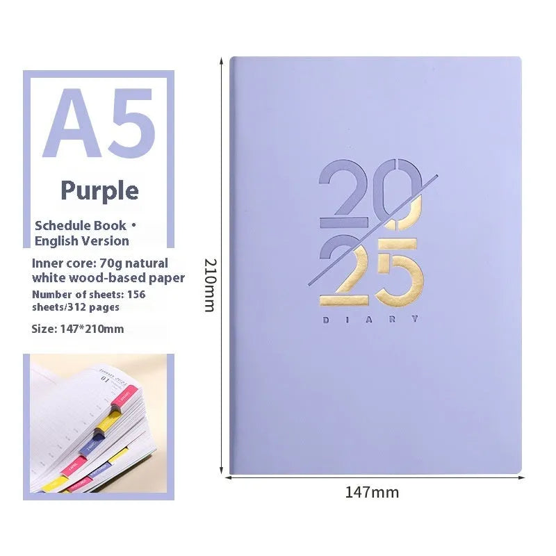 Soft cover A5 daily planner schedule book in blue, showing lay-flat binding and faux leather texture.
