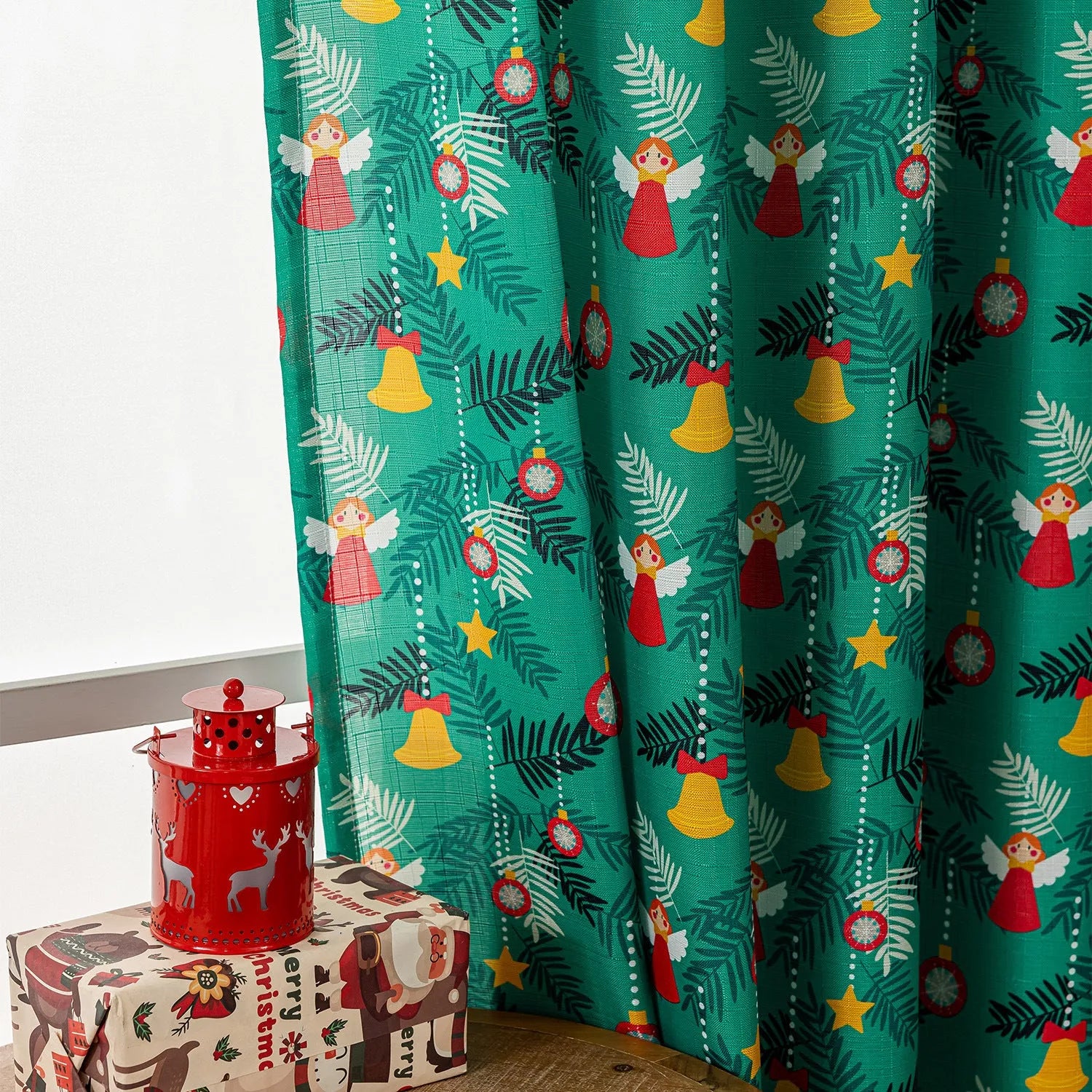 Christmas snowman angel print curtain green red festive window treatment