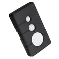 Black three-button garage door remote control with keyring loop next to a CR2032 battery.