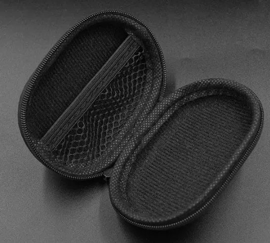 Black leather oval earphone storage case with magnetic closure for compatible earphone models