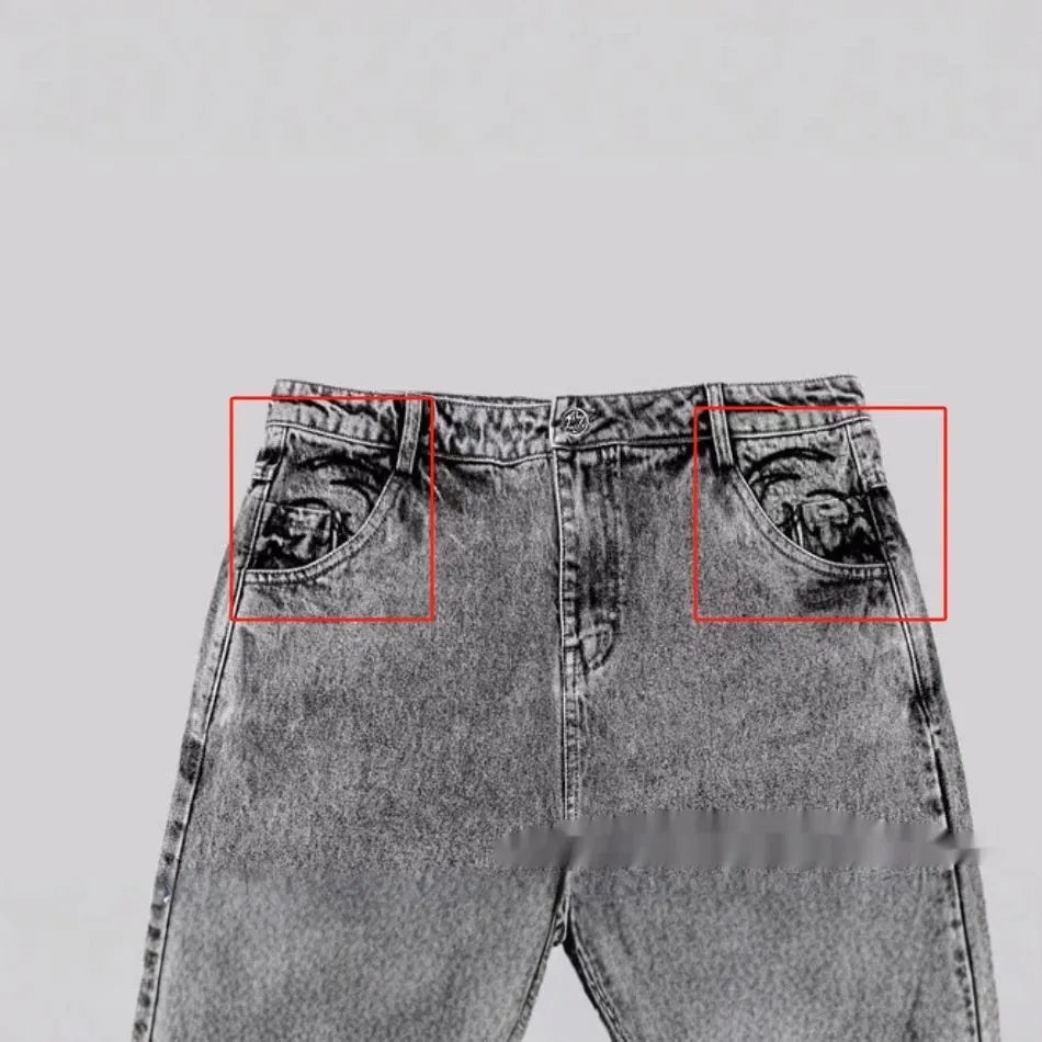 Grey loose straight-leg cotton denim trousers on mid-waist