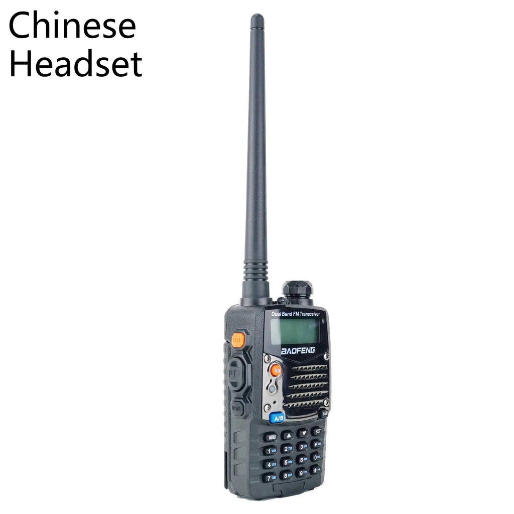 Baofeng UV-5RA black handheld dual-band two-way radio with dual display screen and antenna.