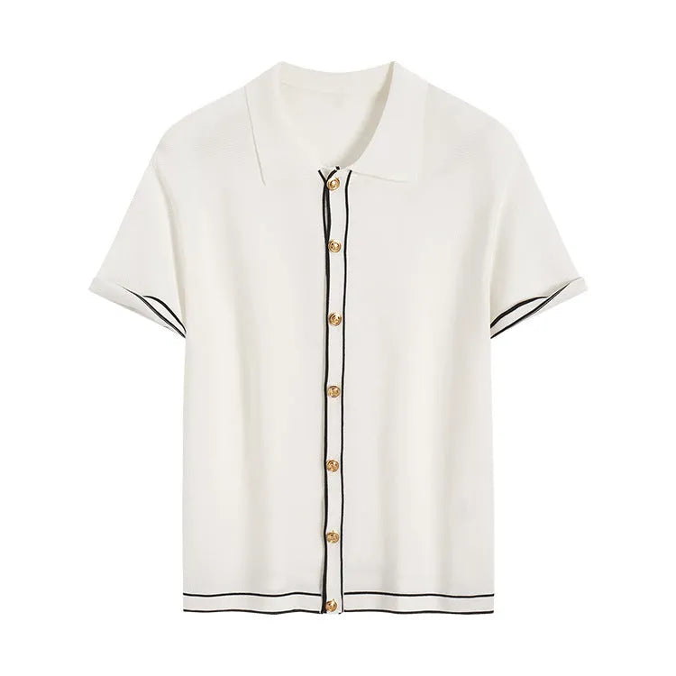 White short sleeve cardigan with contrast lapels in Old Money style made of polyester viscose blend