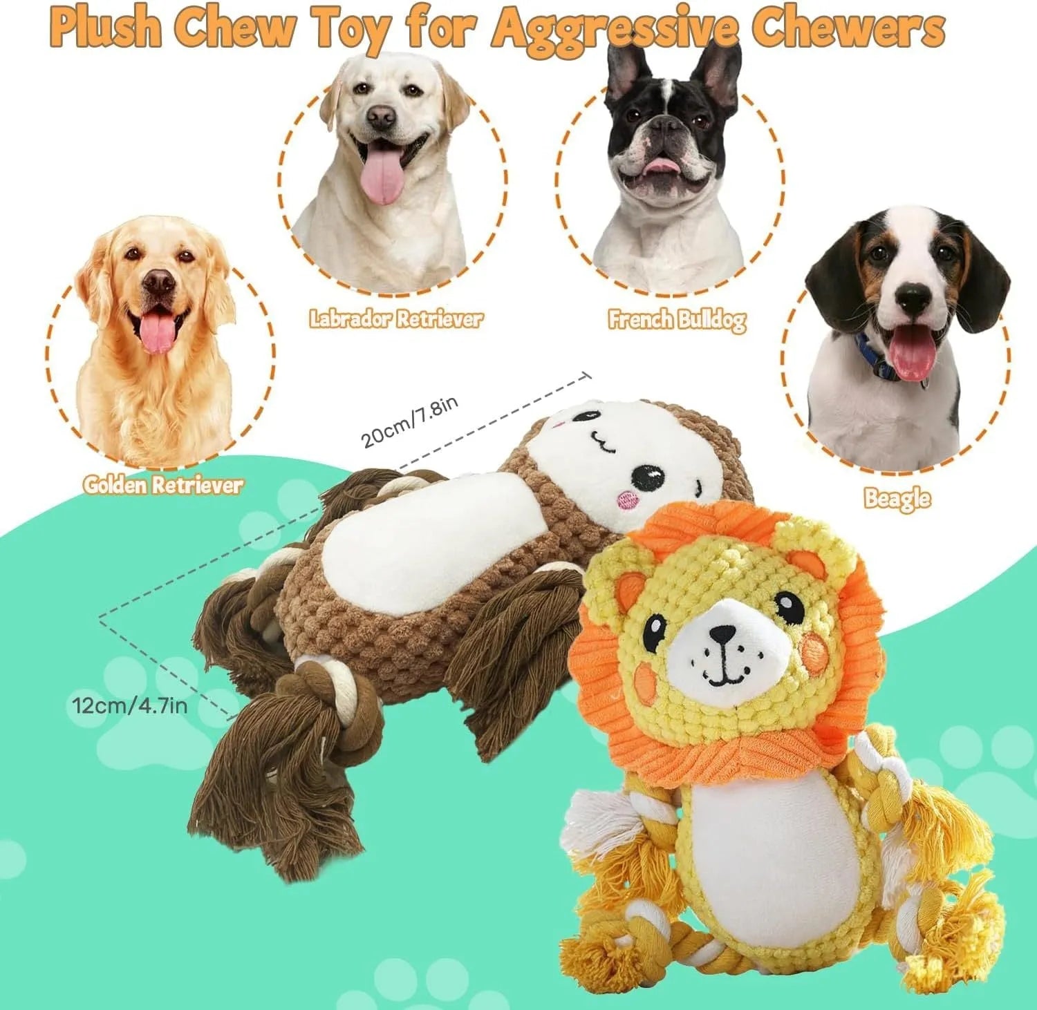 Two plush squeaky dog toys: yellow lion design and brown monkey design with internal squeakers
