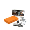 Emergency car tyre repair tool set with rubber strips, pressure gauge, and metal tools in a yellow case.