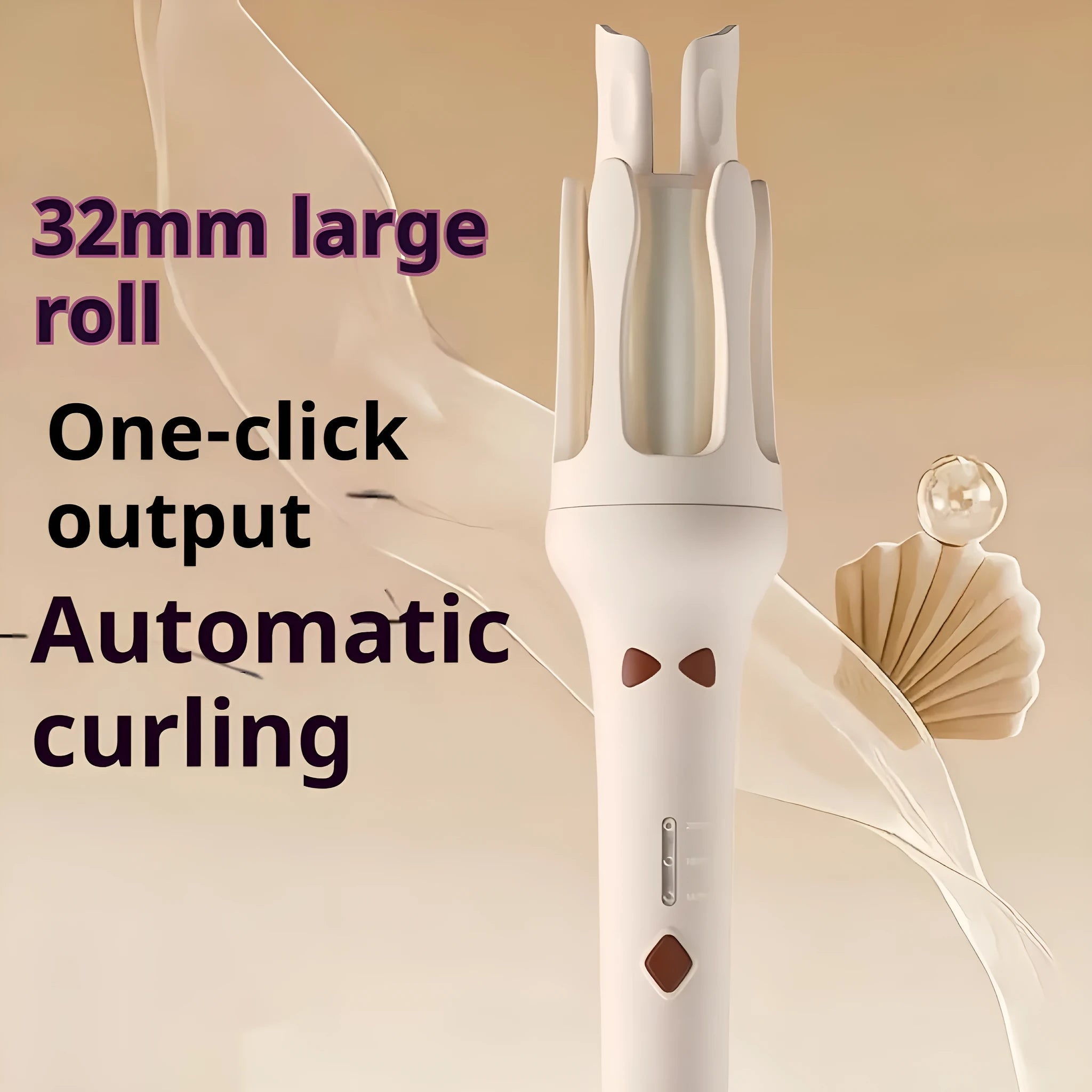 White automatic hair curler with 32mm barrel showing pink or purple colour accents and included power adapter