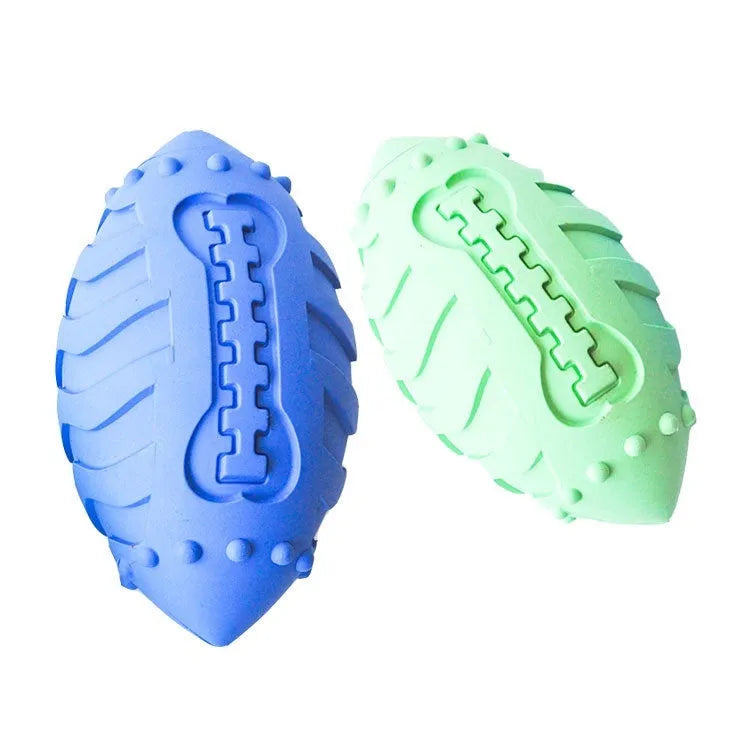 Light green thickened rubber rugby ball dog toy with textured biting surfaces