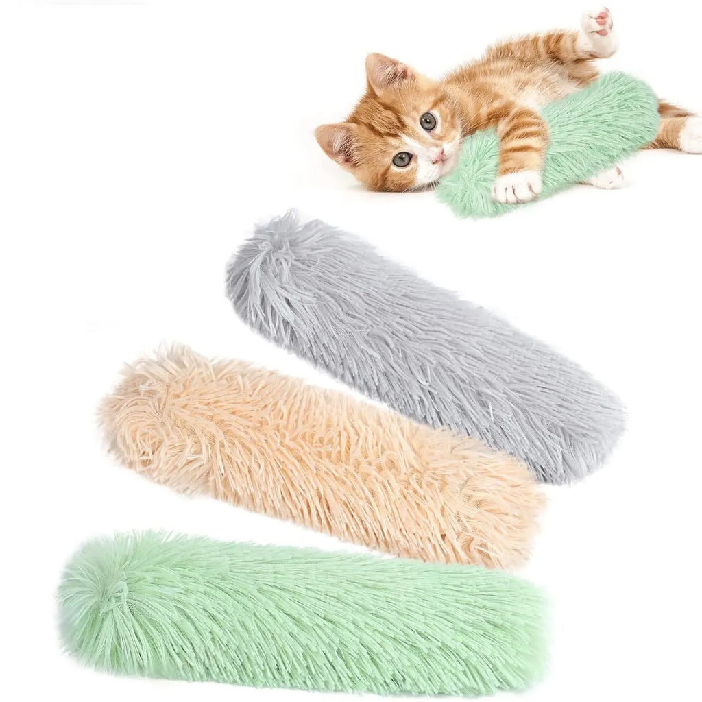 Soft plush cat toy pillow in four colours measuring 27cm by 10cm