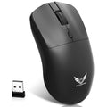 Black wireless mouse with three-gear audio buttons on a laptop desk setup