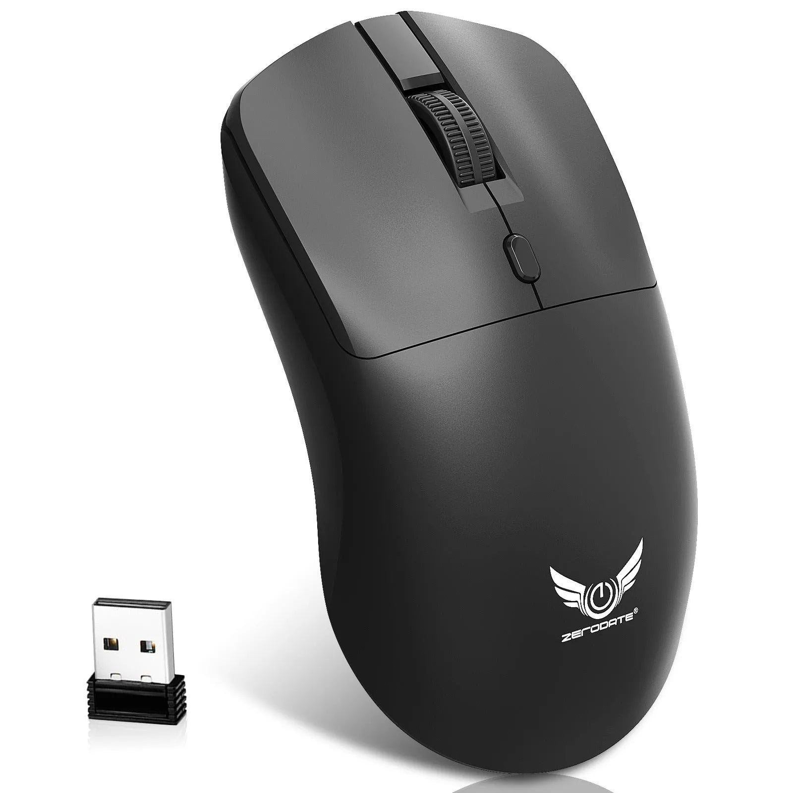 Black wireless mouse with three-gear audio buttons on a laptop desk setup