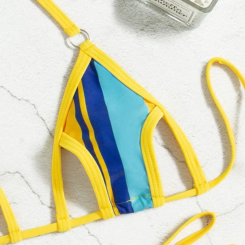 Yellow women's split swimsuit with neck-hanging style, hollow back, and high-waisted briefs