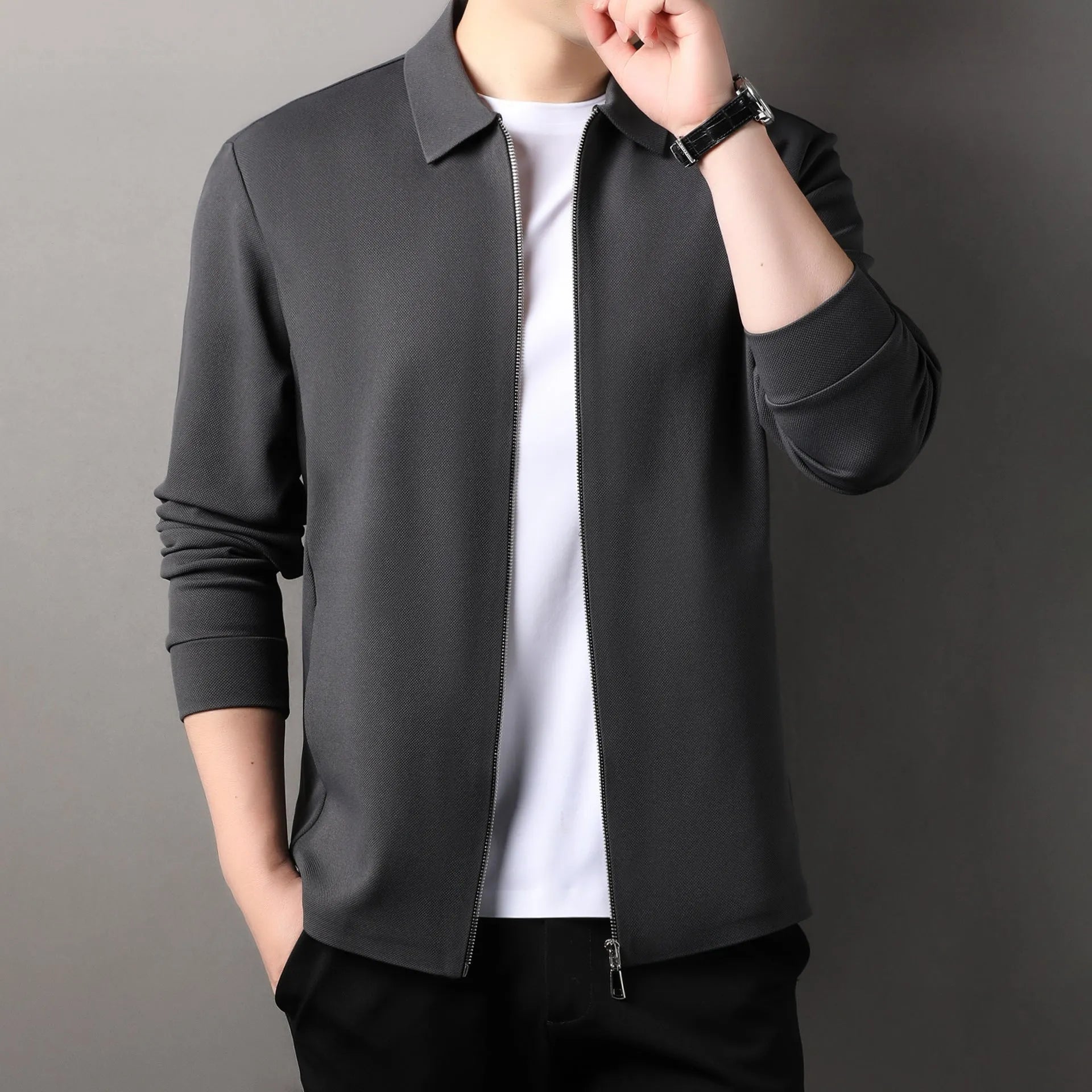 Men's casual business jacket in polyester, shown in black, dark grey or apricot with long sleeves and straight hem.