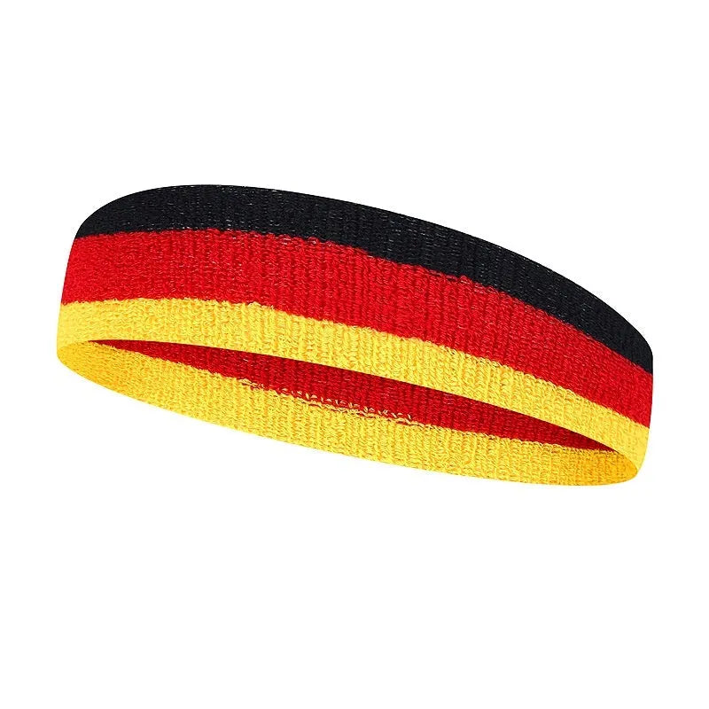 Adult sports headband in multiple colours including blue and red yellow, shown flat displaying 5.5cm width.