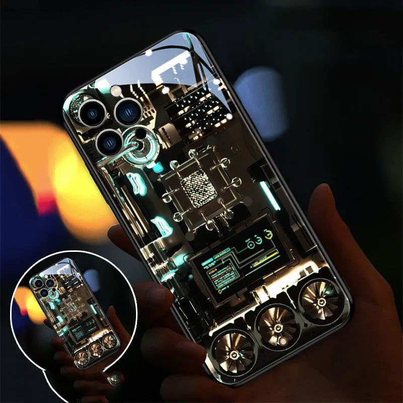 Clear tempered glass iPhone case showing Lightning Rhombus design on a phone.