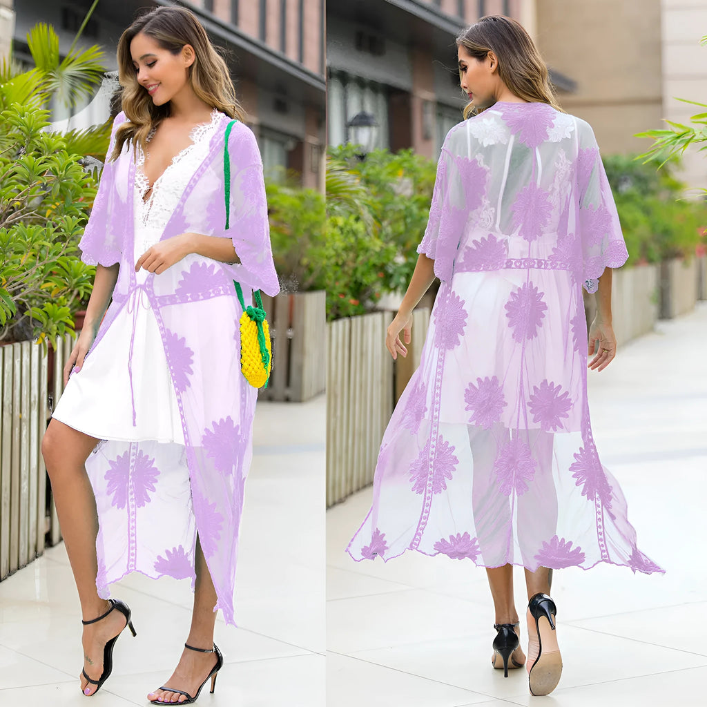 Light purple women's beach cover-up dress with lace embroidery, shown as a longline cardigan.