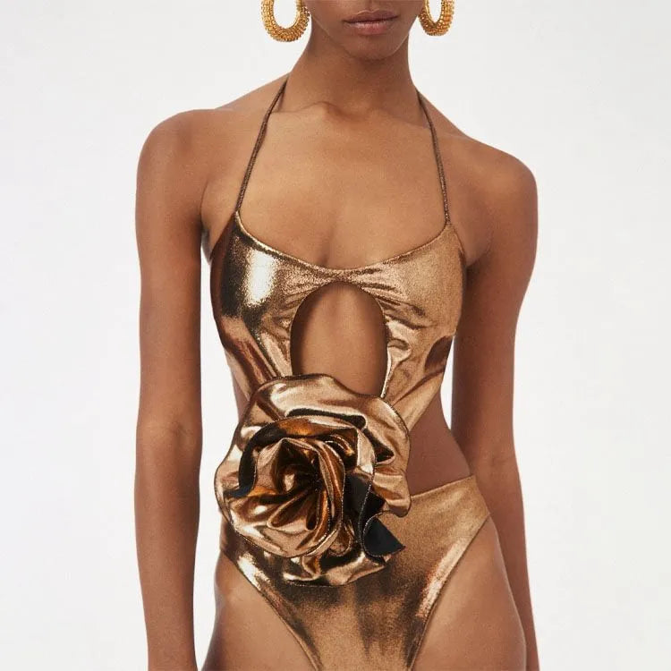 Gold handmade hollow-out halter neck one-piece swimsuit for swimming