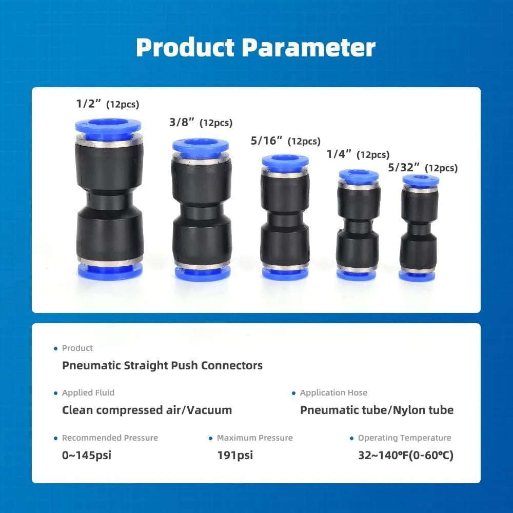 60-piece pneumatic push-in connector set showing R1/4 and R1/2 fittings in alloy plastic construction