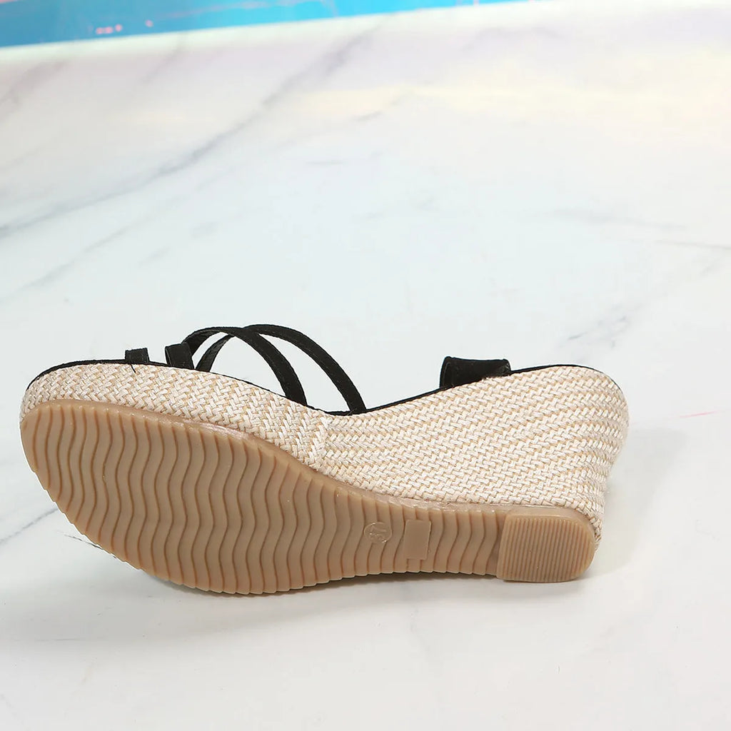 Women's wedge sandals with fish mouth toe bracket in black cloth