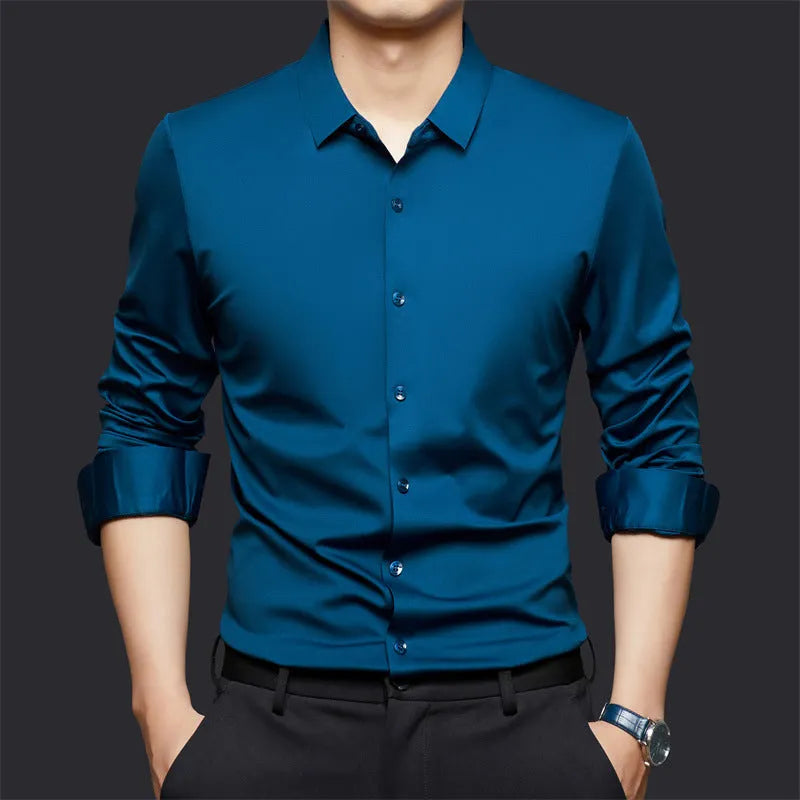 Seamless high elastic long sleeve anti-wrinkle shirt in black, front view, with stretch fabric