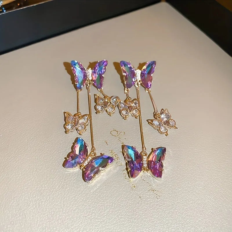 Silver needle blue purple butterfly colour crystal flower tassel earrings for women