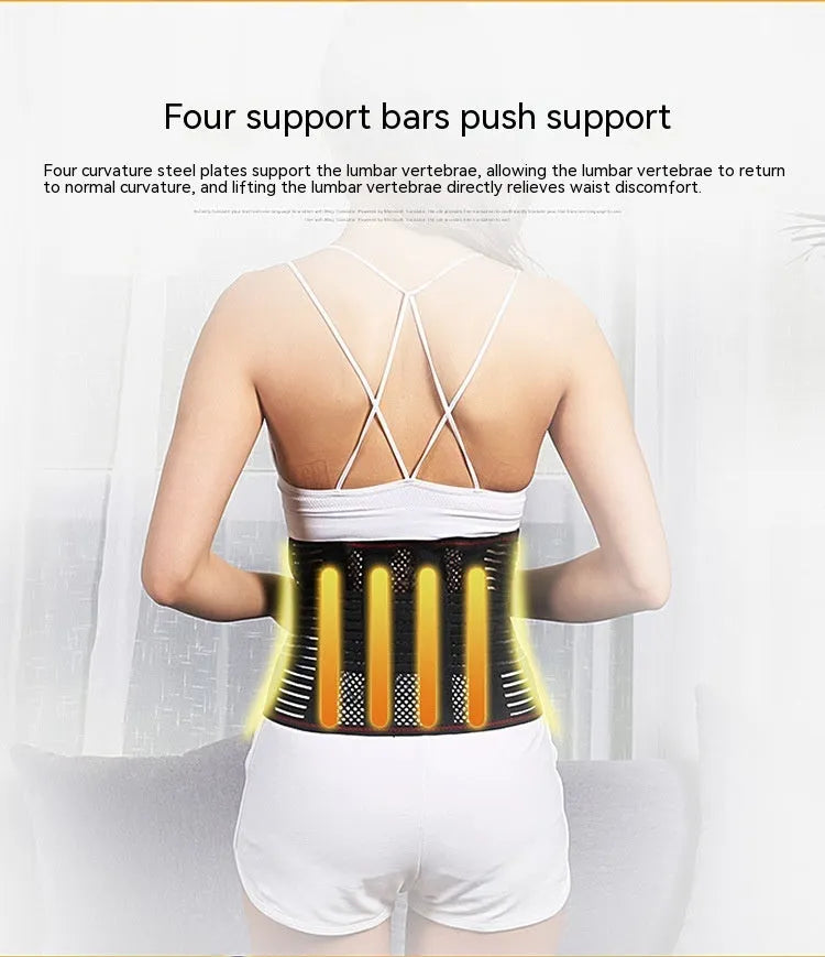 Black sports waist support belt with steel plate for lumbar decompression during running, yoga and fitness.