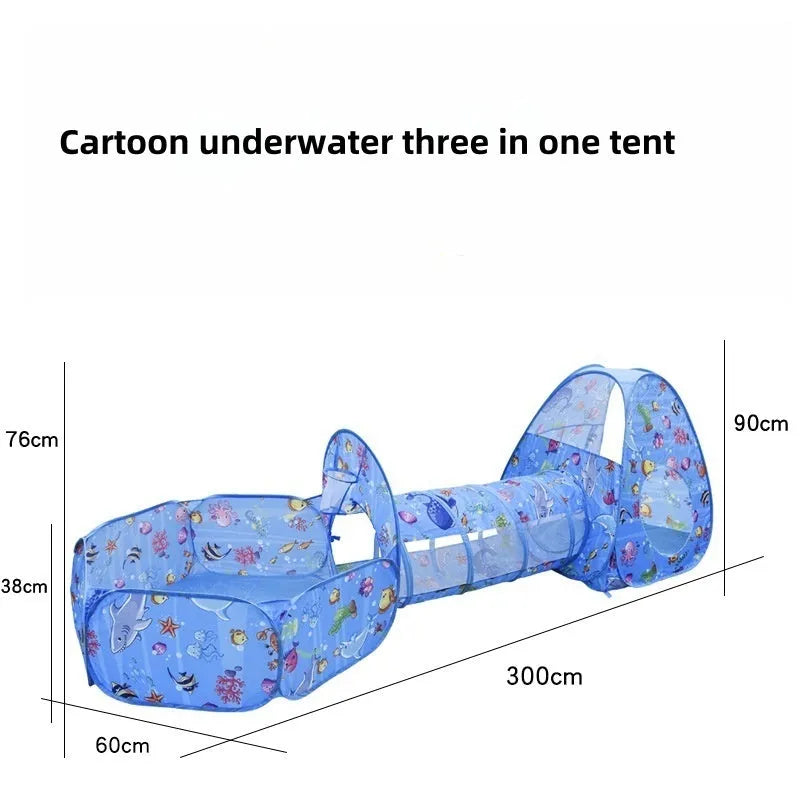 Three-in-one children's cloth tent set with ball pool and tunnel in cartoon submarine theme