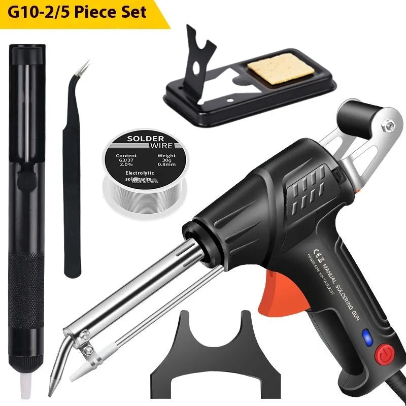 Black H5 soldering gun with light, part of a five piece set for electronics work.