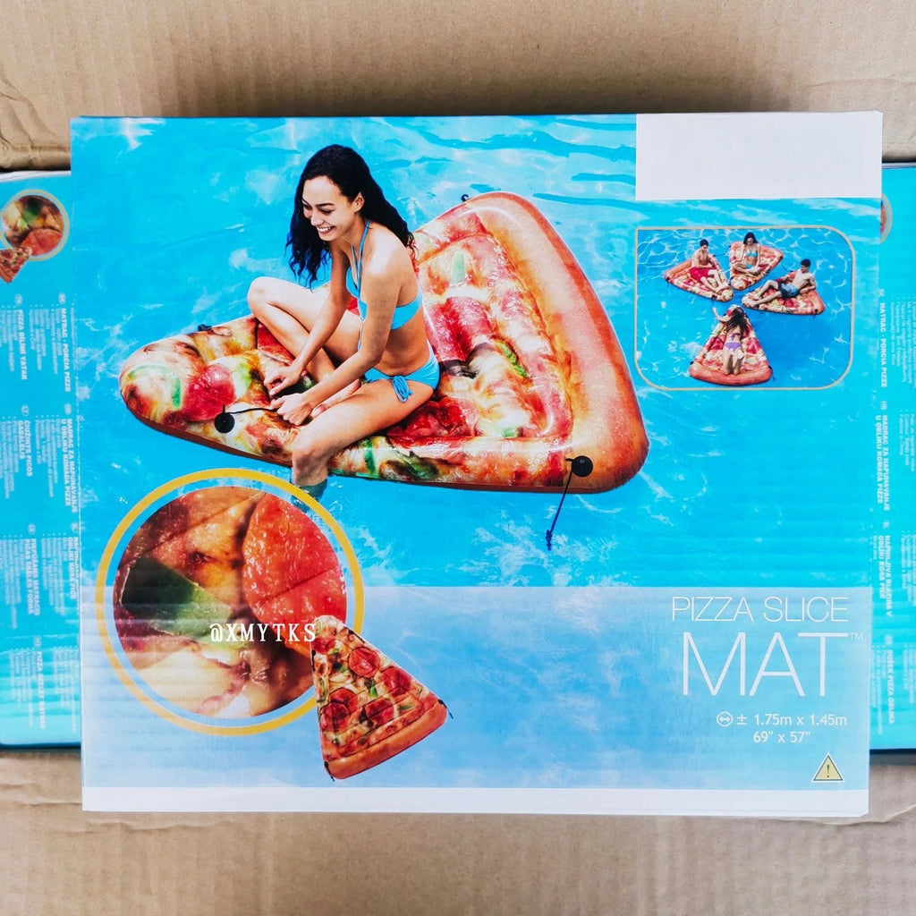 Pizza themed inflatable surfboard recliner floating on water with dimensions 175cm x 145cm