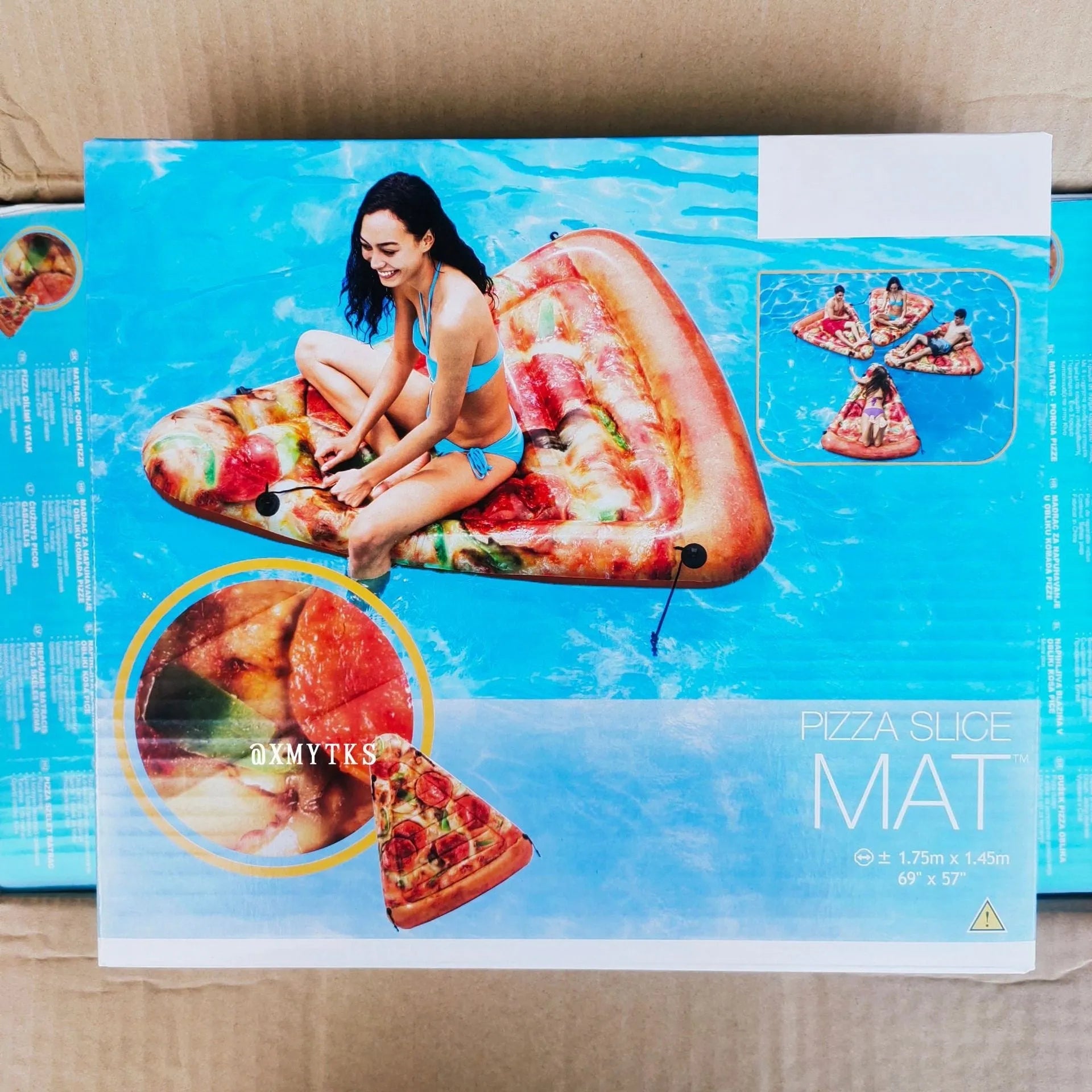 Pizza themed inflatable surfboard recliner floating on water with dimensions 175cm x 145cm