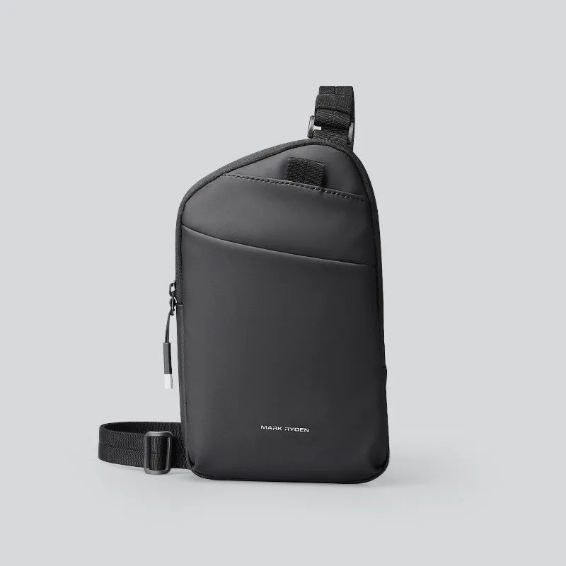 Men's black Oxford cloth crossbody bag with sewing thread detailing