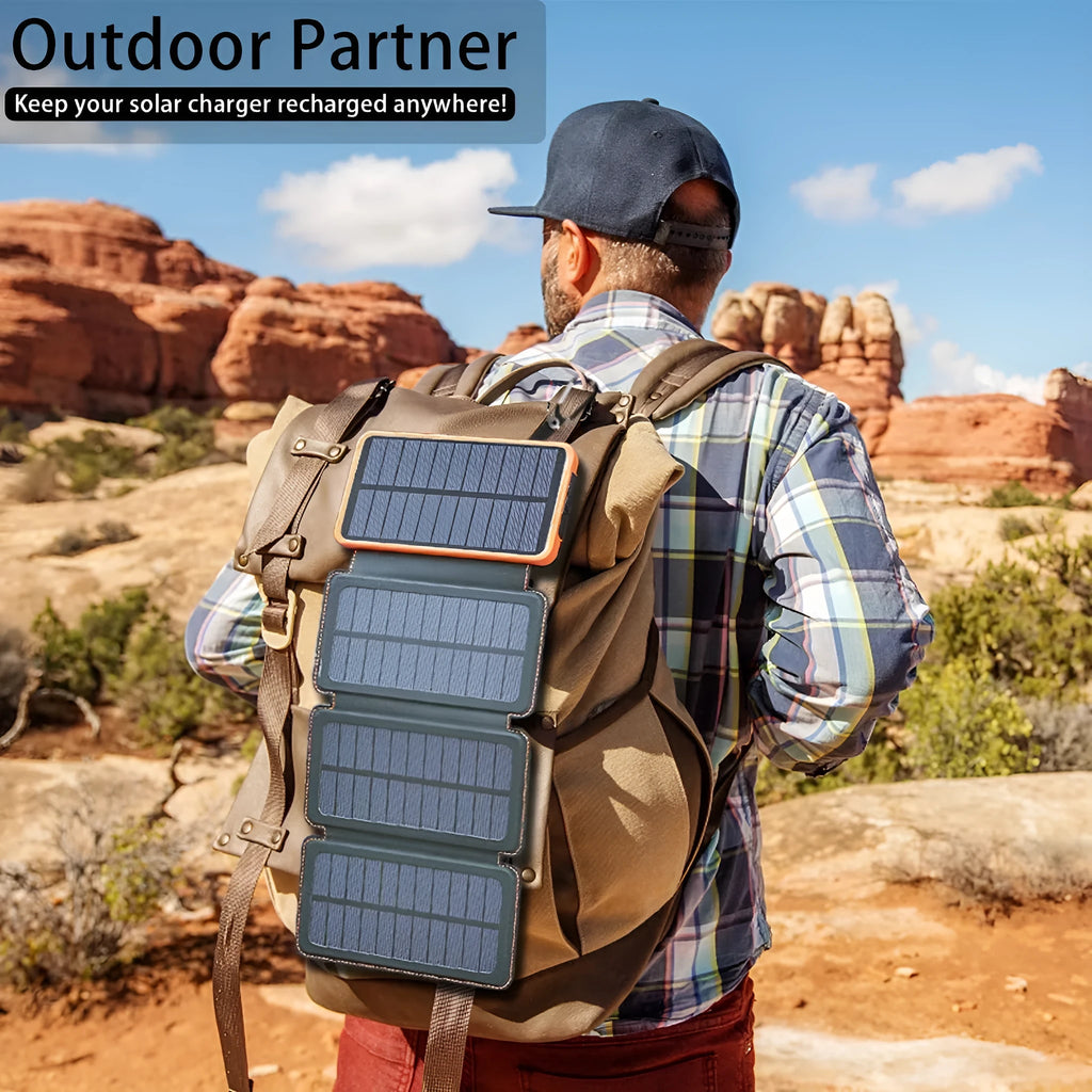 Outdoor solar power bank in multiple colours with solar panel, LED light, and leather casing.