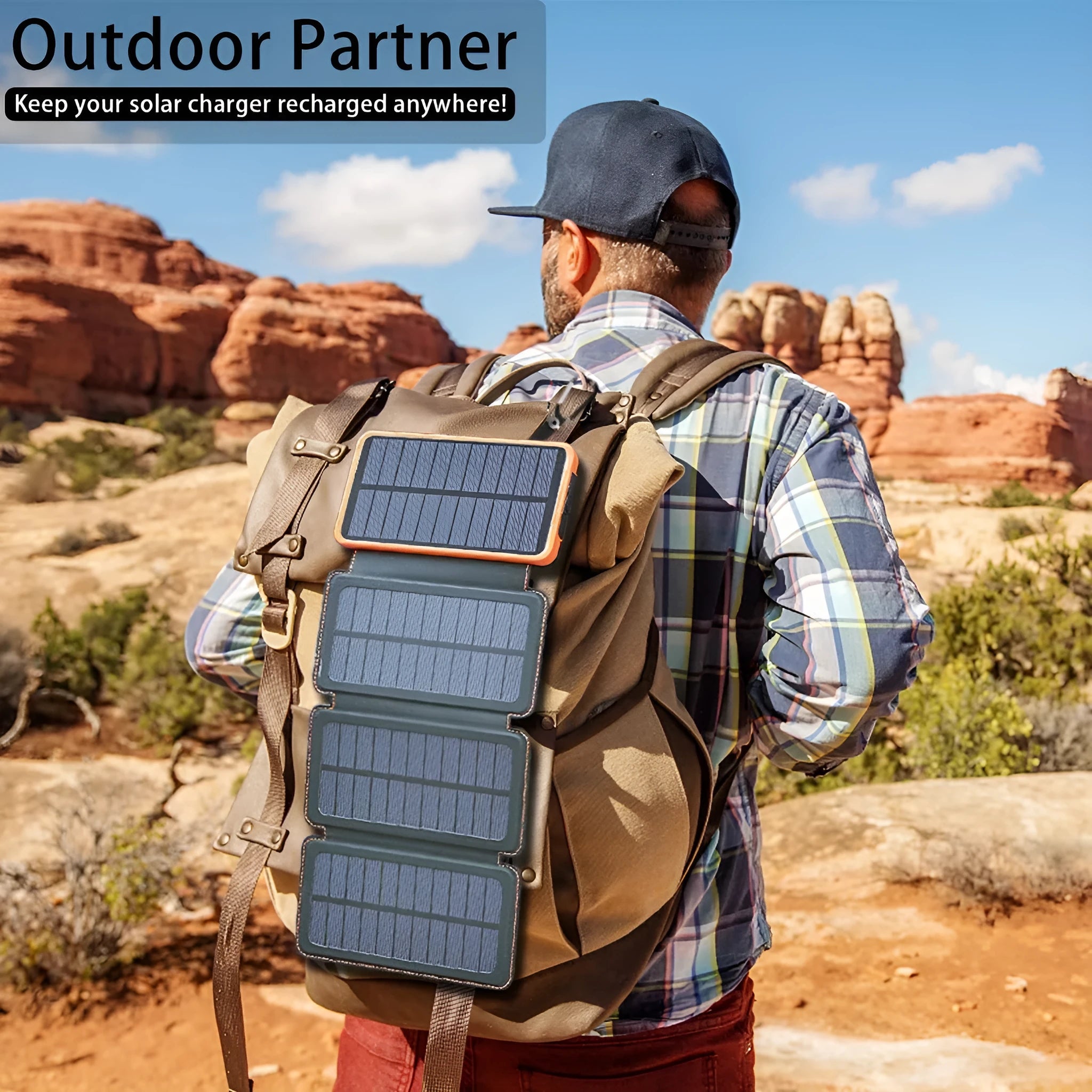 Outdoor solar power bank in multiple colours with solar panel, LED light, and leather casing.