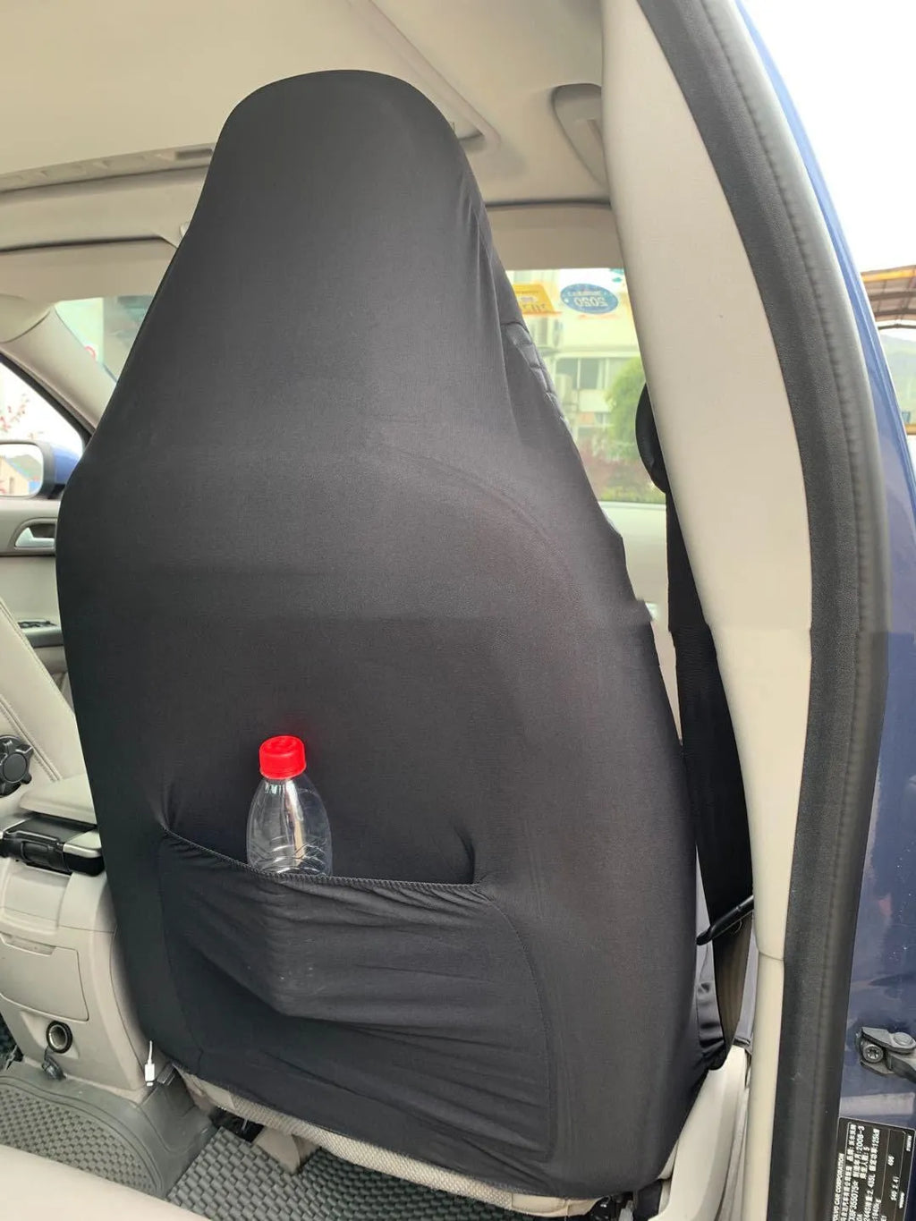 Black quilted universal car seat cover for front seats with installation hooks