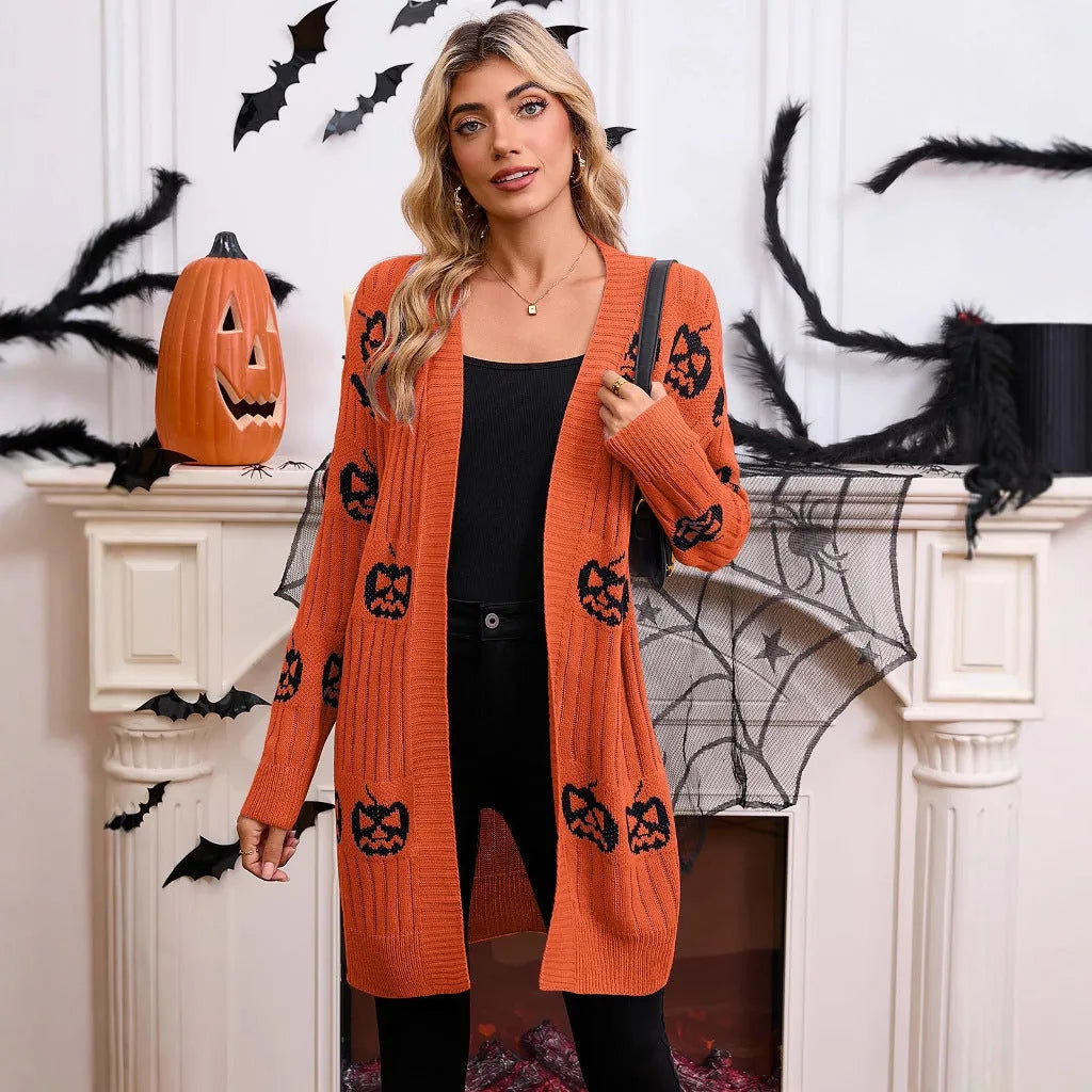 Women's black Halloween cardigan with orange pumpkin head jacquard pattern, medium length