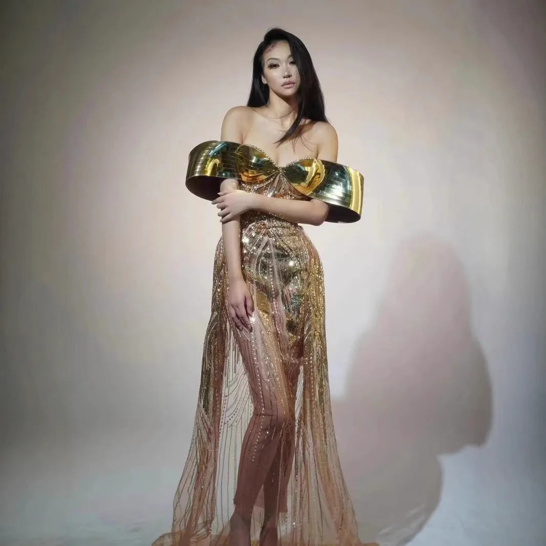 Gold strapless sequined evening dress with tulle accents and side split skirt