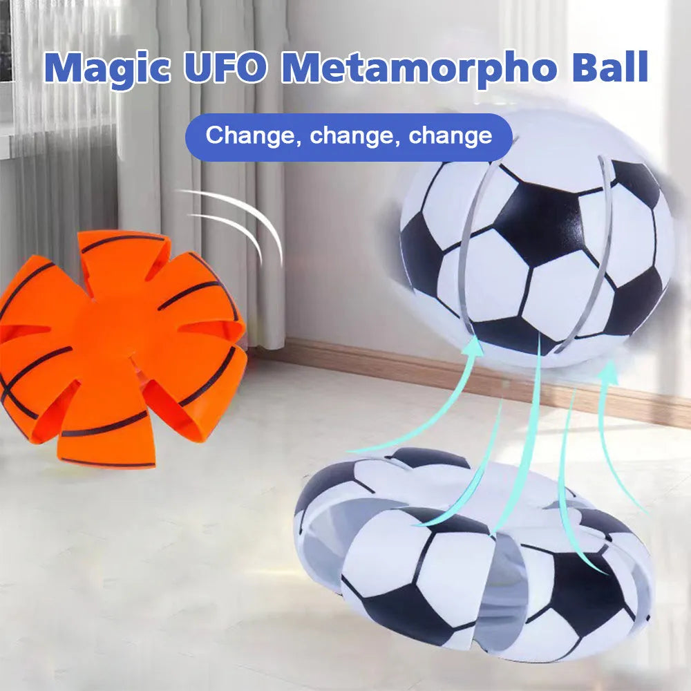 Convertible blue and white plastic dog toy shown as both a bouncy ball and a magic flying disc.
