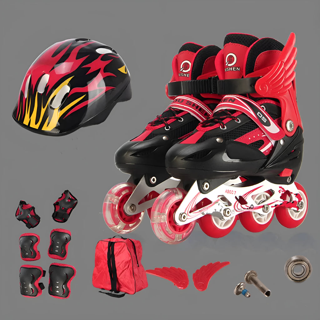 Adjustable children's skating shoes with aluminium frame wheels and protective gear set